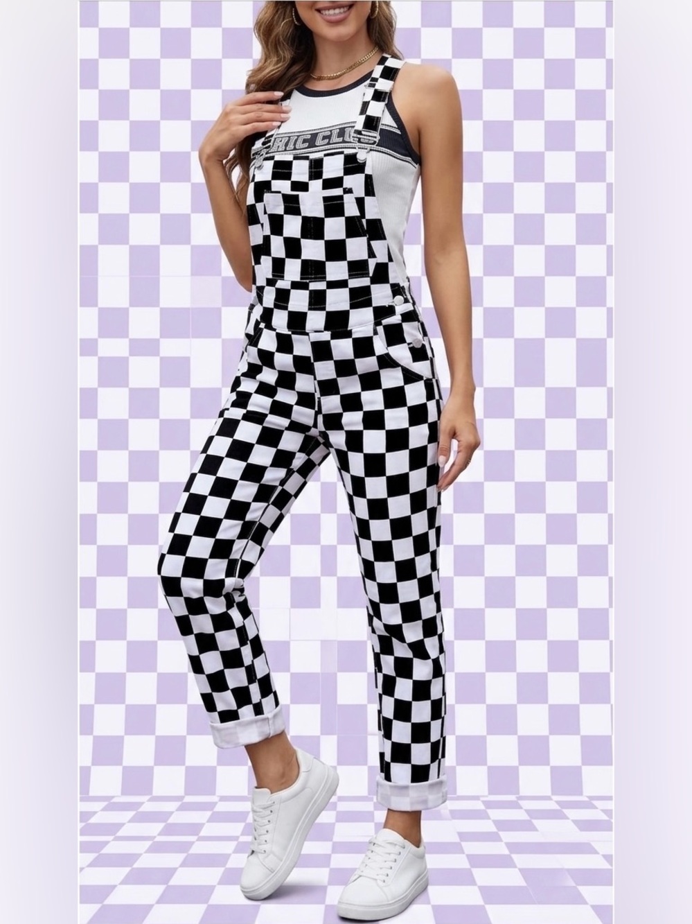 Black and White Checker Print Denim Overalls XL Worn Once!